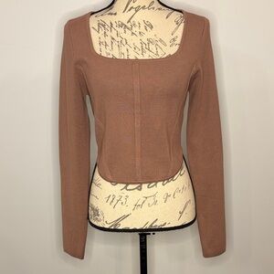 NWOT Altar’d State square neck cropped corset sweater long sleeves mocha brown L